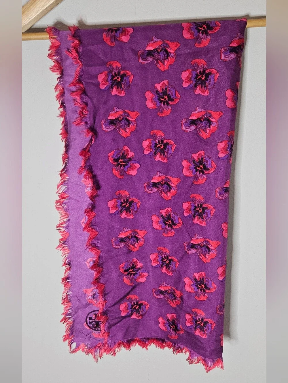 Tory Burch Pansy Silk Scarf Purple Red Logo Fringe Edge 37